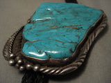 Super Huge Vintage Navajo Old Kingman/ #8 Turquoise Native American Jewelry Silver Bolo Tie-Nativo Arts