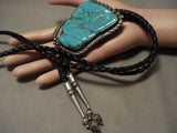 Super Huge Vintage Navajo Old Kingman/ #8 Turquoise Native American Jewelry Silver Bolo Tie-Nativo Arts