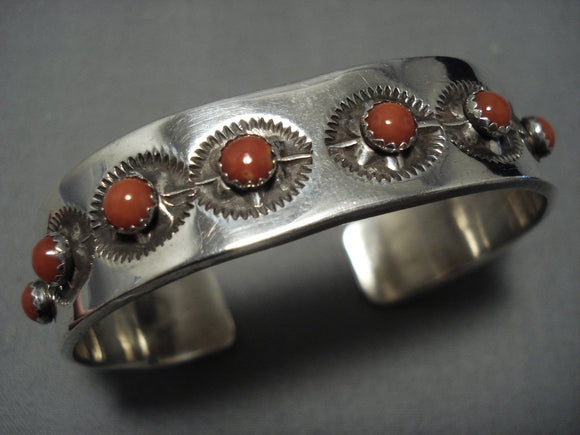 Superior Vintage Native American Jewelry Navajo Coral Snake Eyes Sterling Silver Bracelet Old Cuff-Nativo Arts