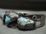 Superior Vintage Navajo #8 Turquoise Nugget Native American Jewelry Silver Leaf Bracelet-Nativo Arts