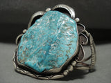 Superior Vintage Navajo 'Big Turquoise' Native American Jewelry Silver Leaf Bracelet-Nativo Arts