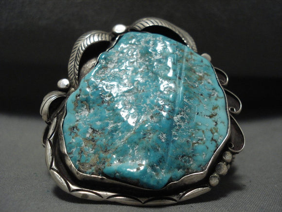 Superior Vintage Navajo 'Big Turquoise' Native American Jewelry Silver Leaf Bracelet-Nativo Arts