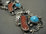 Superior Vintage Navajo 'Coral & Turquoise' Native American Jewelry Silver Leaf Necklace Old-Nativo Arts