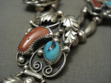 Superior Vintage Navajo 'Coral & Turquoise' Native American Jewelry Silver Leaf Necklace Old-Nativo Arts