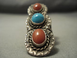 Superior Vintage Navajo Domed Coral Turquoise Sterling Native American Jewelry Silver Ring Old Pawn-Nativo Arts