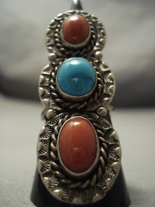 Superior Vintage Navajo Domed Coral Turquoise Sterling Native American Jewelry Silver Ring Old Pawn-Nativo Arts
