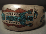 Superior Vintage Navajo 'Duel Yeibichai' Turquoise Coral Native American Jewelry Silver Bracleet-Nativo Arts
