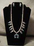 Superior Vintage Navajo Old Kinmgan Turquoise Native American Jewelry Silver Squash Blossom Necklace-Nativo Arts