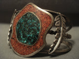 Superior Vintage Navajo Wide Turquoise Coral Native American Jewelry Silver Leaf Bracelet-Nativo Arts