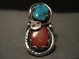 Superior Vintage Zuni 'Snake' Chunk Coral Turquoise Native American Jewelry Silver Ring-Nativo Arts