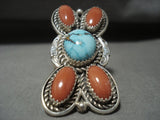 Superlative Tso Family Bisbee Turquoise Coral Sterling Native American Jewelry Silver Ring-Nativo Arts