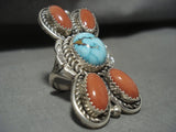 Superlative Tso Family Bisbee Turquoise Coral Sterling Native American Jewelry Silver Ring-Nativo Arts
