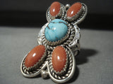 Superlative Tso Family Bisbee Turquoise Coral Sterling Native American Jewelry Silver Ring-Nativo Arts