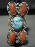Superlative Tso Family Bisbee Turquoise Coral Sterling Native American Jewelry Silver Ring-Nativo Arts