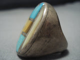 Superlative Vintage Huge Native American Jewelry Navajo Sterling Silver Inlay Turquoise Ring-Nativo Arts