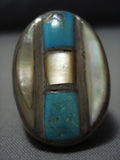 Superlative Vintage Huge Native American Jewelry Navajo Sterling Silver Inlay Turquoise Ring-Nativo Arts