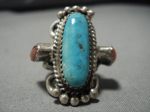Superlative Vintage Native American Navajo Turquoise Coral Sterling Silver Ring Old-Nativo Arts