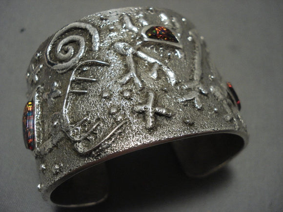 Symbolic Petroglyphs Navajo Tufa Cast Opal Native American Jewelry Silver Bracelet-Nativo Arts