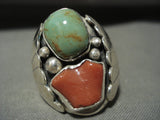 Thick And Big Men's Navajo Royston Turquoise Coral Native American Jewelry Silver Ring-Nativo Arts