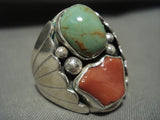 Thick And Big Men's Navajo Royston Turquoise Coral Native American Jewelry Silver Ring-Nativo Arts
