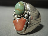 Thick And Big Men's Navajo Royston Turquoise Coral Native American Jewelry Silver Ring-Nativo Arts