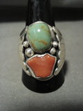 Thick And Big Men's Navajo Royston Turquoise Coral Native American Jewelry Silver Ring-Nativo Arts