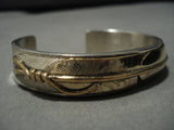 Thick And Heavy!! Gold Vintage Native American Navajo Sterling Silver Feather Bracelet-Nativo Arts