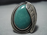 Thick And Heavy!! Vintage Native American Jewelry Navajo Green Turquoise Sterling Silver Leaf Ring-Nativo Arts