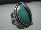 Thick And Heavy!! Vintage Native American Jewelry Navajo Green Turquoise Sterling Silver Leaf Ring-Nativo Arts