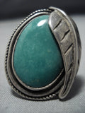 Thick And Heavy!! Vintage Native American Jewelry Navajo Green Turquoise Sterling Silver Leaf Ring-Nativo Arts