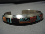 Thick And Heavy!! Vintage Native American Navajo Signed Turquoise Sterling Silver Inlay Bracelet-Nativo Arts