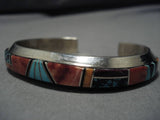 Thick And Heavy!! Vintage Native American Navajo Signed Turquoise Sterling Silver Inlay Bracelet-Nativo Arts
