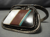 Thick And Interesting!! Vintage Native American Navajo Turquoise Sterling Silver Inlay Bracelet-Nativo Arts