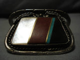 Thick And Interesting!! Vintage Native American Navajo Turquoise Sterling Silver Inlay Bracelet-Nativo Arts