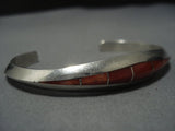 Thick And Sturdy Vintage Native American Jewelry Navajo Coral Inlay Sterling Silver Bracelet Old-Nativo Arts