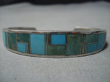 Thick And Sturdy! Vintage Native American Jewelry Navajo Green Turquoise Inlay Sterling Silver Bracelet-Nativo Arts