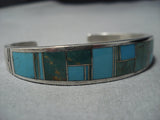 Thick And Sturdy! Vintage Native American Jewelry Navajo Green Turquoise Inlay Sterling Silver Bracelet-Nativo Arts