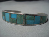 Thick And Sturdy! Vintage Native American Jewelry Navajo Green Turquoise Inlay Sterling Silver Bracelet-Nativo Arts