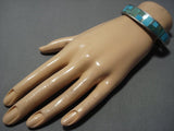 Thick And Sturdy! Vintage Native American Jewelry Navajo Green Turquoise Inlay Sterling Silver Bracelet-Nativo Arts