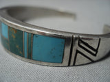 Thick And Sturdy! Vintage Native American Jewelry Navajo Green Turquoise Inlay Sterling Silver Bracelet-Nativo Arts