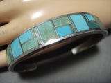 Thick And Sturdy! Vintage Native American Jewelry Navajo Green Turquoise Inlay Sterling Silver Bracelet-Nativo Arts