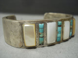 Thick!! Grene Turquoise Heishi Vintage Navajo Sterling Native American Jewelry Silver Bracelet Old-Nativo Arts