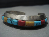 Thick Heavy!! Vintage Native American Jewelry Navajo Turquoise Inlay Sterling Silver Cuff Bracelet-Nativo Arts