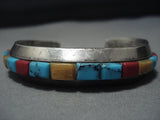 Thick Heavy!! Vintage Native American Jewelry Navajo Turquoise Inlay Sterling Silver Cuff Bracelet-Nativo Arts