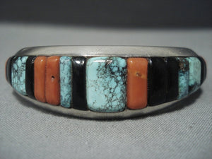 Thick Rare Vintage Navajo Turquoise Sterling Native American Jewelry Silver Inlay Bracelet-Nativo Arts