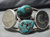 Thick!! Vintage Native American Navajo Royston Turquoise Sterling Silver Coin Bracelet Old-Nativo Arts