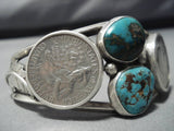 Thick!! Vintage Native American Navajo Royston Turquoise Sterling Silver Coin Bracelet Old-Nativo Arts