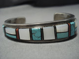 Thicker Vintage Native American Jewelry Navajo Crow Spings Turquoise Coral Sterling Silver Bracelet-Nativo Arts