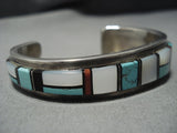 Thicker Vintage Native American Jewelry Navajo Crow Spings Turquoise Coral Sterling Silver Bracelet-Nativo Arts