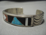 Thicker Vintage Native American Navajo Turquoise Inlay Coral Sterling Silver Bracelet Old Cuff-Nativo Arts